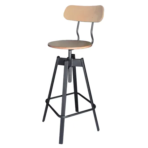 Taburet TS375 gri metalic cu șezut și spătar în nuanță naturală 42X49X113 cm.