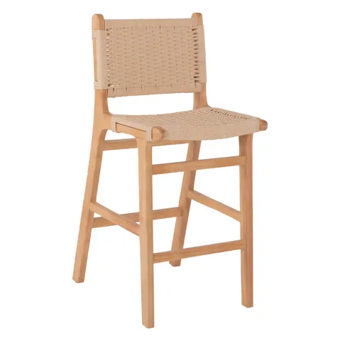 Scaun de bar de înălțime medie HM9332.01 din lemn de hevea și frânghie, culoare naturală 45x46x95Hcm.