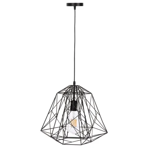 Lampă suspendată HM4066 din metal negru, cu abajur tip „cușcă” geometrică 39x34x130Hcm.