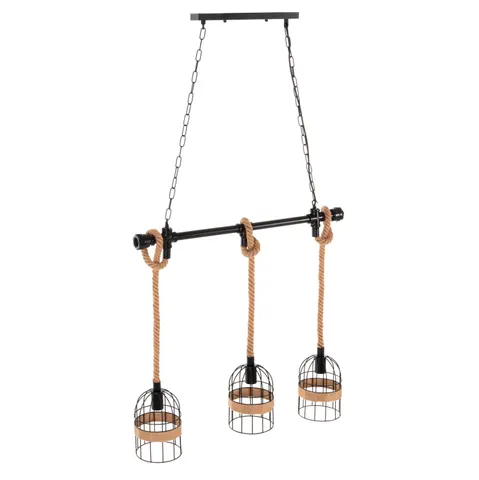 Lampă suspendată cu 3 surse de lumină LUMINA HM4180, din metal negru și frânghie din cânepă naturală 80x14,5x137Hcm.