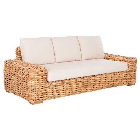 Canapea de exterior cu 3 locuri TROPEL HM9808 din lemn de mango și ratan, culoare naturală, cu perne albe 216x88x70-85Hcm.