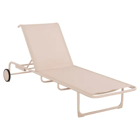 Șezlong din aluminiu RIBEN cu material Teslin și roți HM6293.04, culoare cappuccino, 210x78x91Hcm.