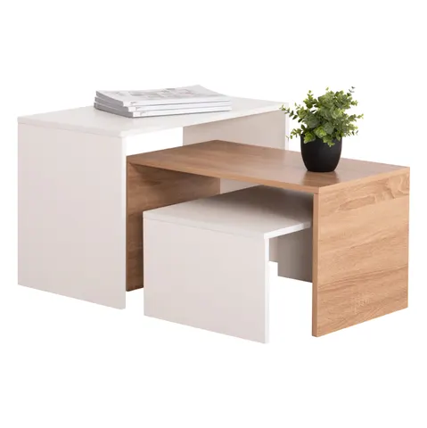 Set de 3 măsuțe de cafea BENTIL HM9444.11 din melamină, în finisaj Sonama-alb, 65x35x45Hcm.