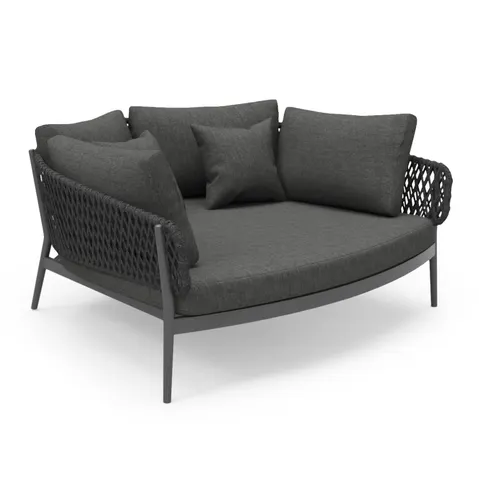 Șezlong de exterior cu 2 locuri CAMELLIA HM6217.01 din aluminiu, frânghie P.E. și OLEFIN, gri închis 164x144x70Hcm.
